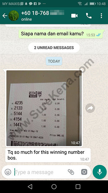 whatsapp send lottery 4d win ticket