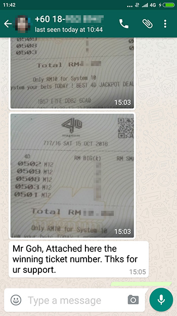 whatsapp win lottery magnum - 15 October 2016