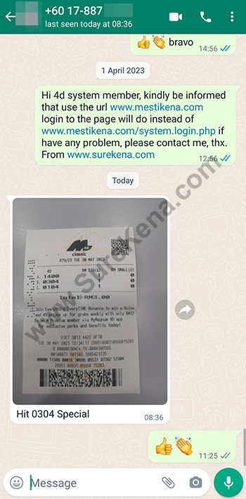 whatsapp lottery 4d win ticket