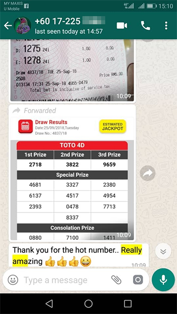 whatsapp send lottery 4d win ticket