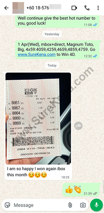 whatsapp lottery 4d win ticket