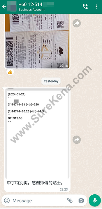 whatsapp lottery 4d win ticket