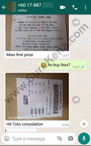 whatsapp lottery 4d win ticket