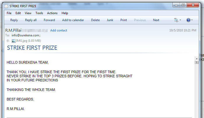 Winining Testimonial Pillai 19 May 2010